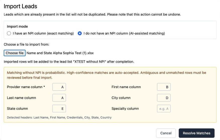 Alpha Sophia import dialog showing the AI-assisted matching mode with column mapping for provider name, first name, last name, city, state, and specialty — automatically detected from the uploaded Excel file headers.