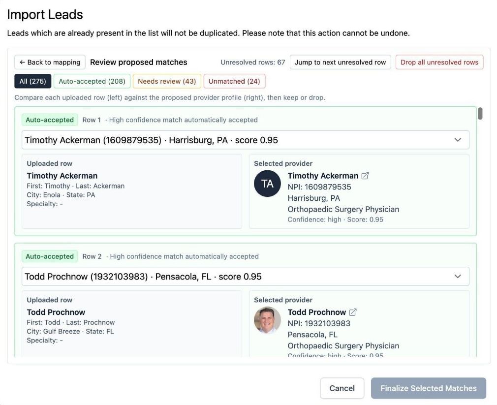 Alpha Sophia bulk NPI lookup tool reviewing 275 uploaded physician rows. 208 high-confidence matches were auto-accepted, 43 need review, and 24 are unmatched — each compared against the matched provider profile from the Alpha Sophia NPI database.